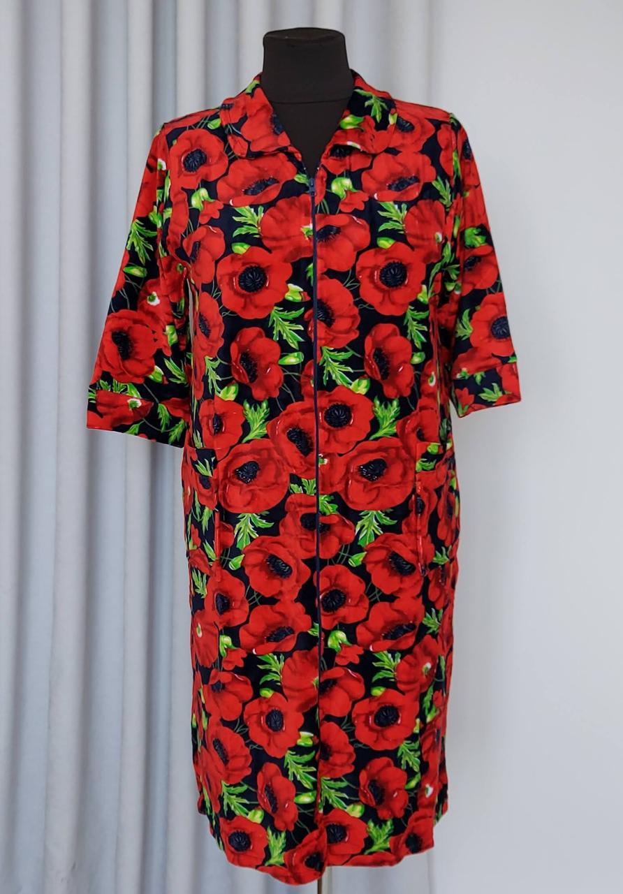 Жіночий велюровий халат «Маки» на блискавці з 54 до 58 р, фото 1