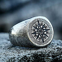 Кольцо печатка перстень мужское стальное WINDROSE 20 из медицинской нержавеющей стали с Розой ветров