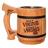 Пивний кухоль Teslyar "Once a viking always a viking" з дерева світлий 600 мл