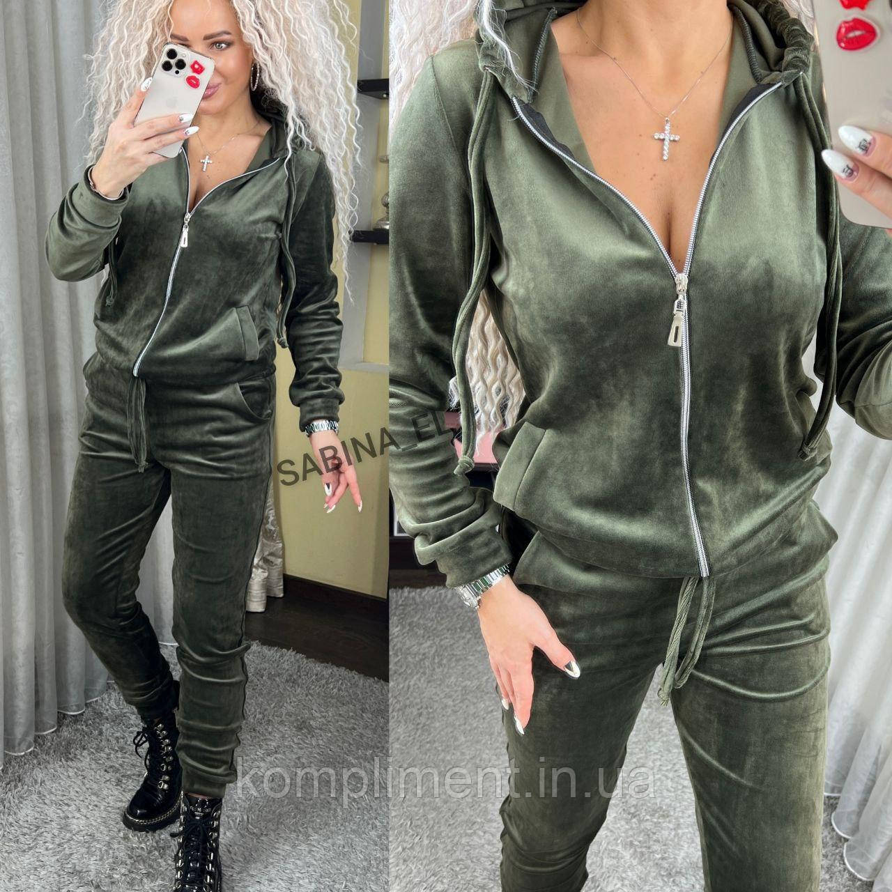 Жіночий модний спортивний велюровий костюм із капюшоном, пляшковий SE — 6062