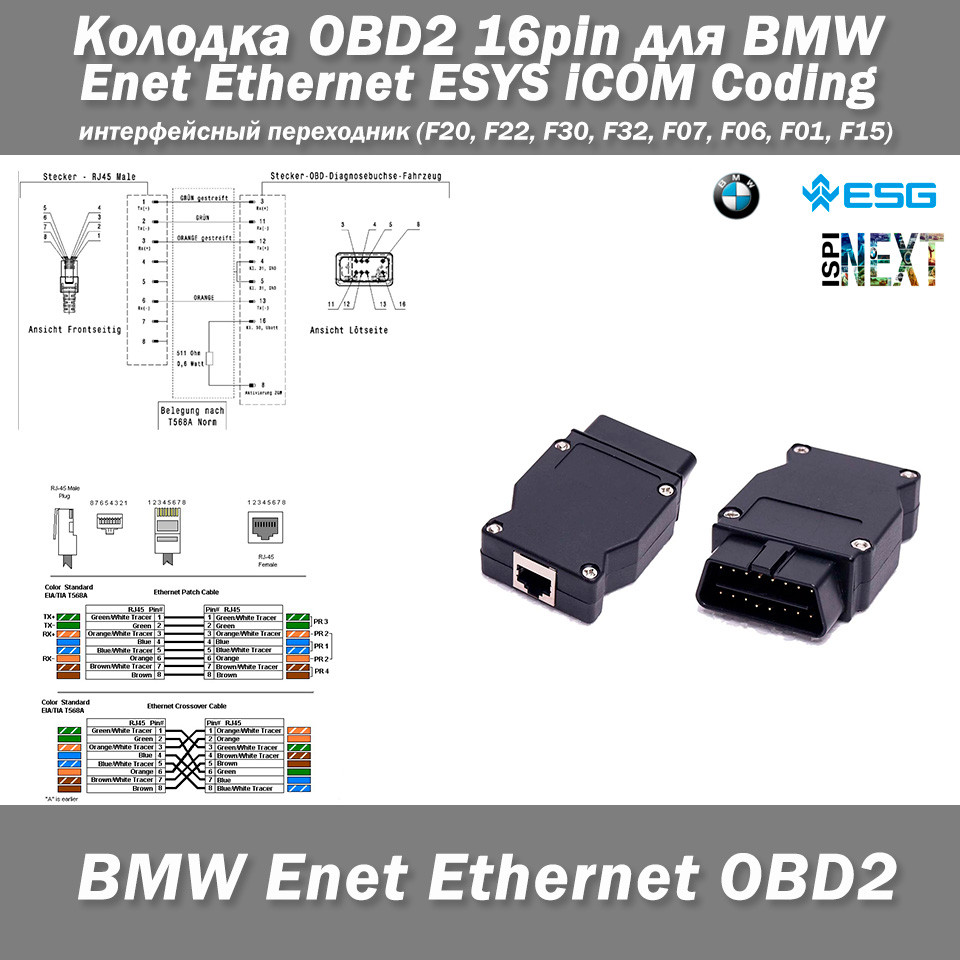 Колодка OBD2 16Pin для BMW Enet Ethernet ESYS iCOM Coding інтерфейсний перехідник (F20, F22, F30, F32, F07, F06, F01, F15), фото 1