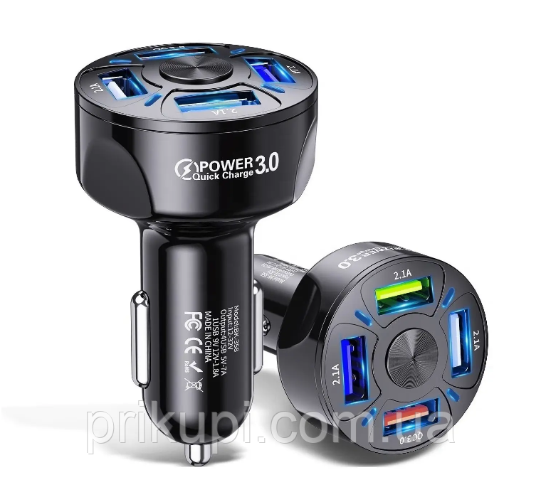 Зарядний пристрій від прикурювача 12-24 вольт на 4 USB QC 3.0 Quick Charge