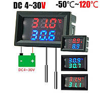Цифровий вольтметр + термометр 2 датчики (напруга мережі 4~30V + датчик температури — 50 ~ 120 °C) врізний