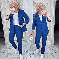 Стильний жіночий костюм двійка - піджак і штани в дрібну клітинку (Розміри S,M,L), Синій