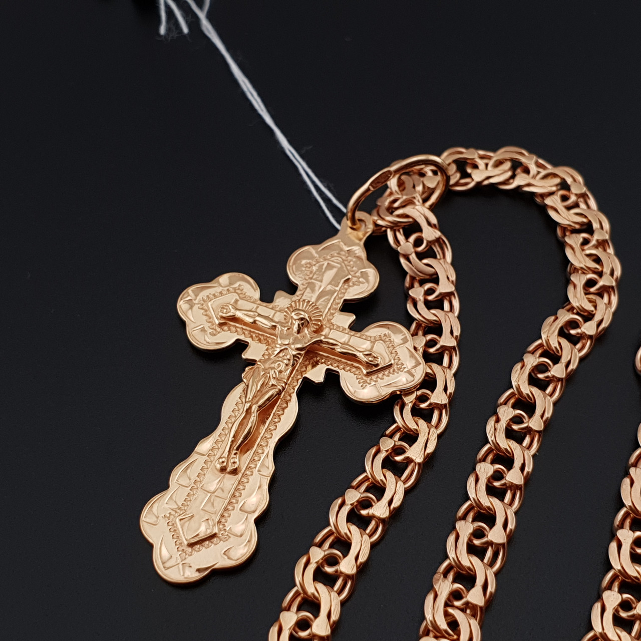 Чоловічий срібний ланцюжок із хрестиком у позолоті. Цепочка бісмарк і кулон срібло 925, позолота 585. Довжина 50 см, фото 1