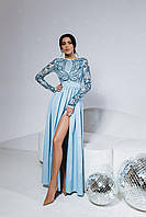 Вечернее голубое шикарное платье макси с сеткой с пайетками и разрезом