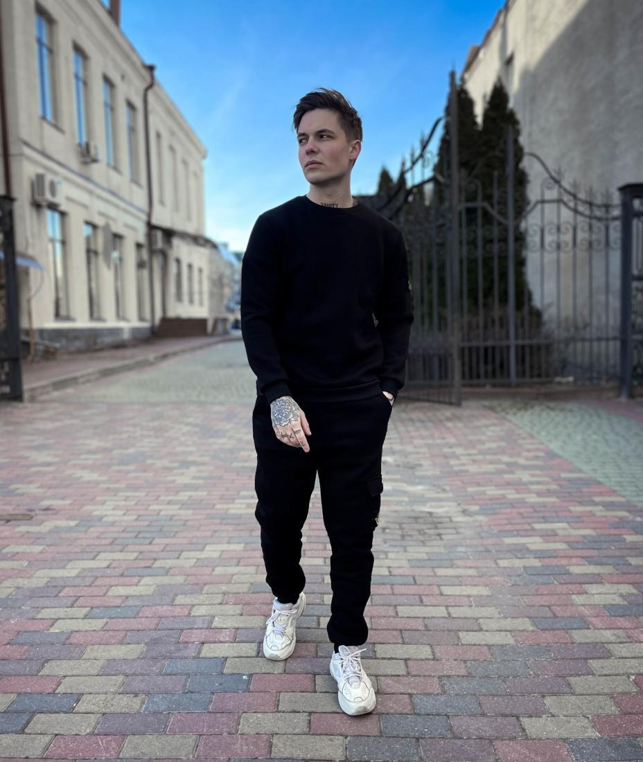 Утеплений костюм спортивний чоловічий чорний зима на флісі з патчем STONE ISLAND (Стон Ісланд)