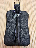 Кожаная ключница на два отделения, футляр для ключей на молнии 12×7см, чехол для ключей Черный