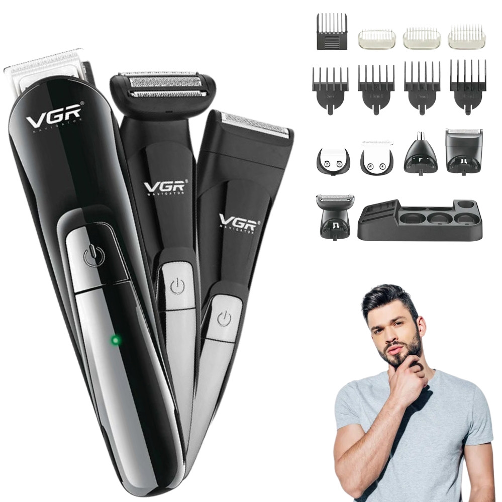 Універсальна машинка триммер для бороди та стрижки волосся VGR V012 портативна з насадками та підставкою, фото 1
