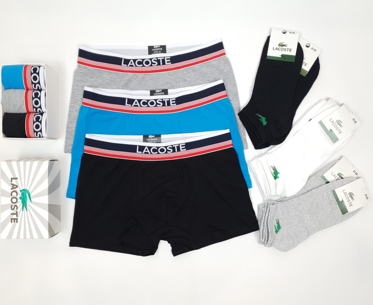 Набір: труси боксери 3шт та короткі шкарпетки 6 пар Lacoste Dark. Чоловіча білизна нижня та низькі шкарпетки Лакосте Дарк
