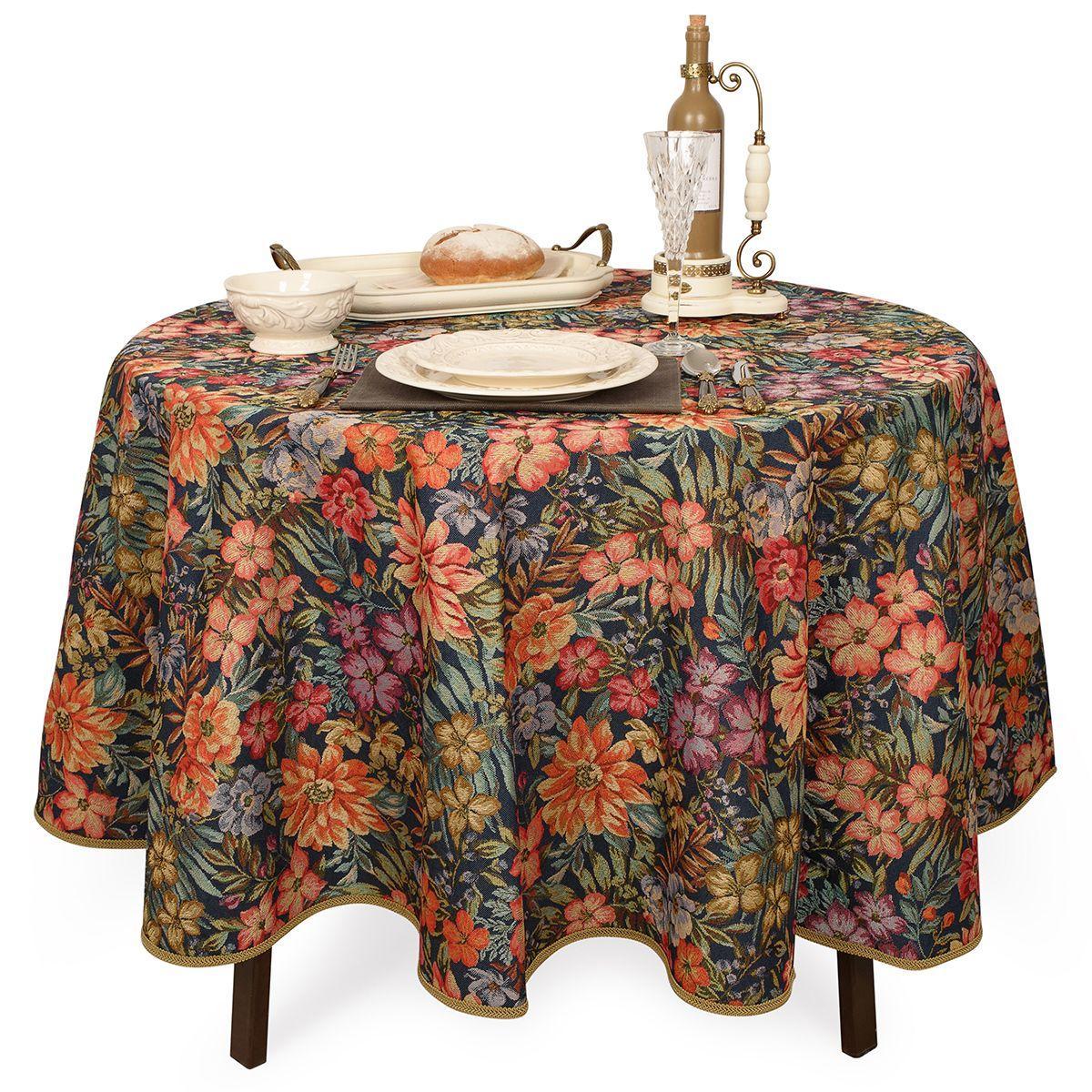 Скатертина з гобелену кругла з малюнком "Квітучий сад" синя Villa Grazia Premium, Ø220 см, фото 1