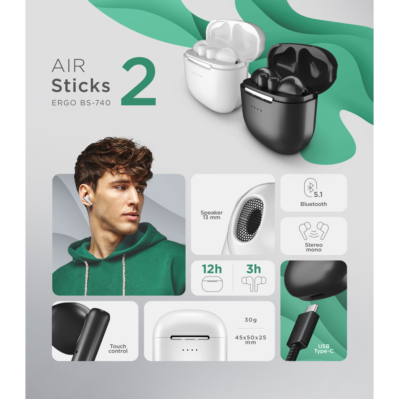 Наушники ERGO BS-740 Air Sticks 2, фото 1
