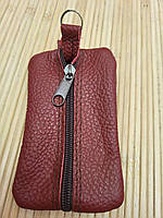 Кожаная ключница на два отделения, футляр для ключей на молнии 12×7см, чехол для ключей кожаный Красный