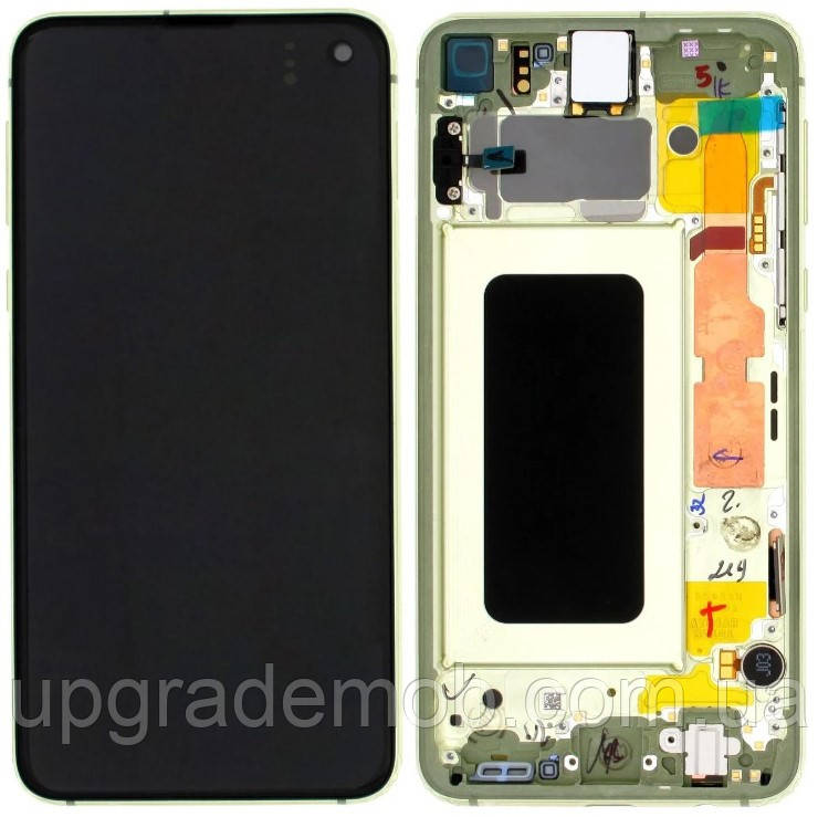 Дисплей модуль тачскрин Samsung G970 Galaxy S10e чорний Amoled оригінал переклеєне скло з рамкою жовтого