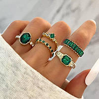 Набор колец 5 шт зеленые камни эффектные кольца стильные