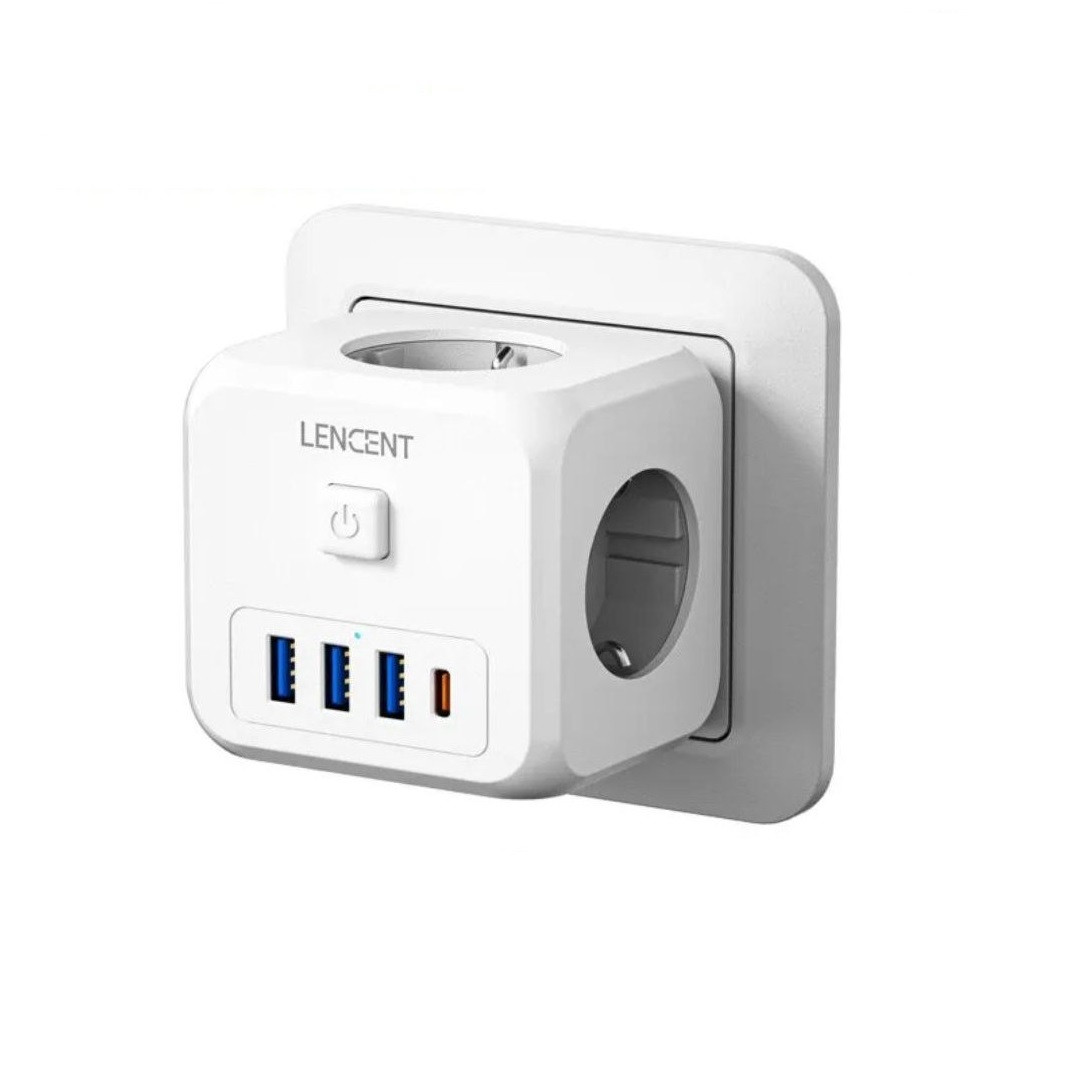 Мережевий фільтр трійник LENCENT PA037EU 7 в 1 із вимикачем + 3 USB/1TYPE-C