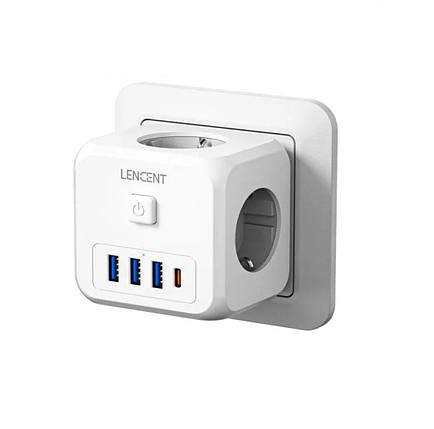 Мережевий фільтр трійник LENCENT PA037EU 7 в 1 із вимикачем + 3 USB/1TYPE-C, фото 1