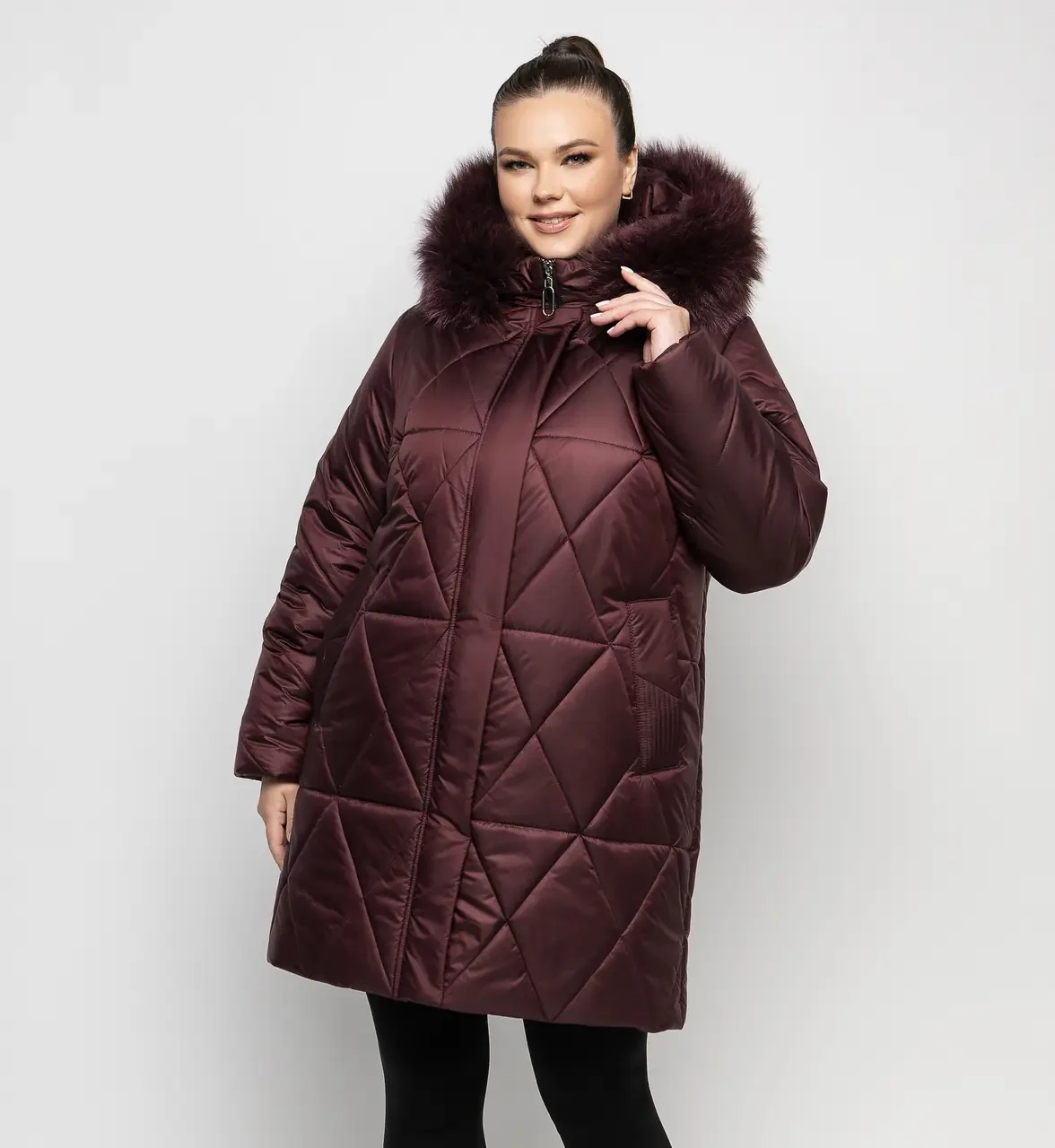 Жіночий пуховик великих розмірів з хутром Li-154, марсала, фото 1