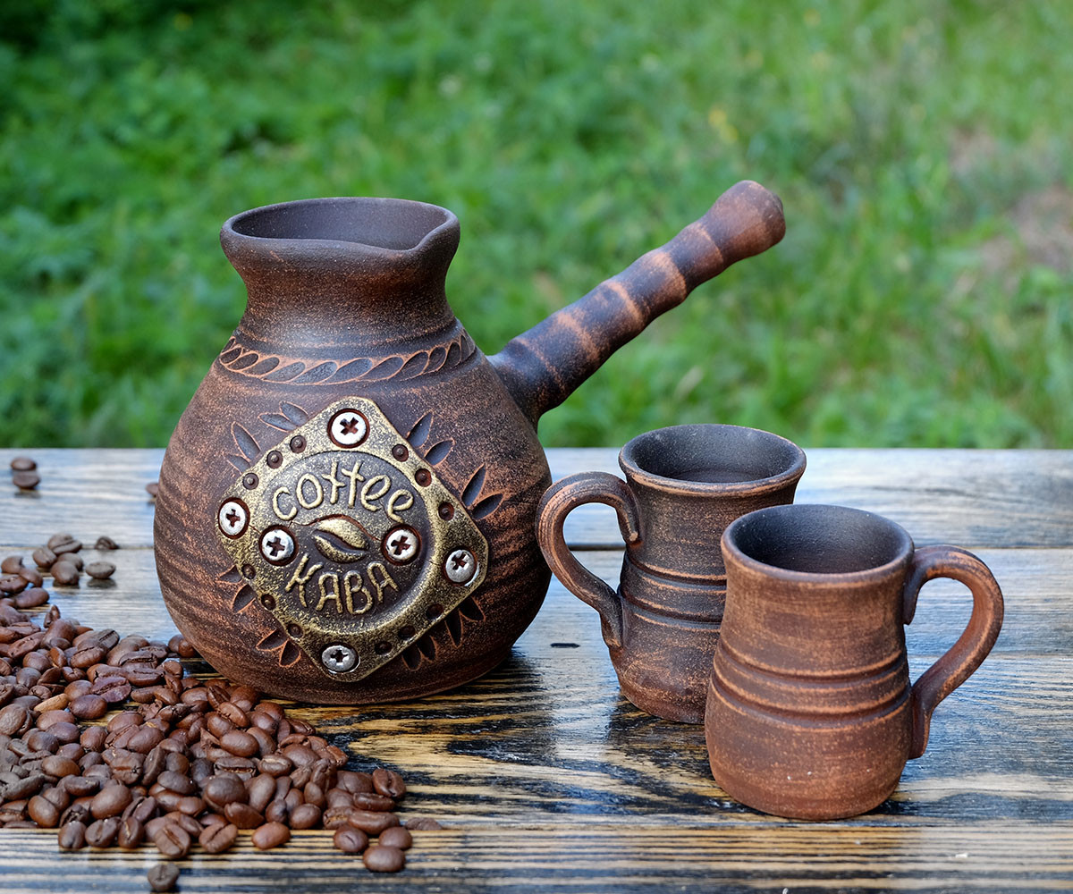 Турка гончарна Coffee Кава 500 мл червона глина з чашечками + розсікач
