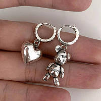 Сережки ведмедик серце срібло 925 покриття сережки кільця з підвісками
