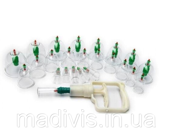 Вакуумні (масажні) банки 24 шт. для домашньої терапії з насосом Kangling Vacuum Apparatus антицелюлітні