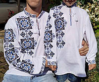 Рубашка с вышивкой на мальчика, вышиванка на мальчика с голубой вышивкой, 110-146 .