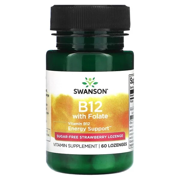 Вітамін B12 + фолат 1000/400 мкг полуниця 60 таб серце мозок нервова система Swanson США