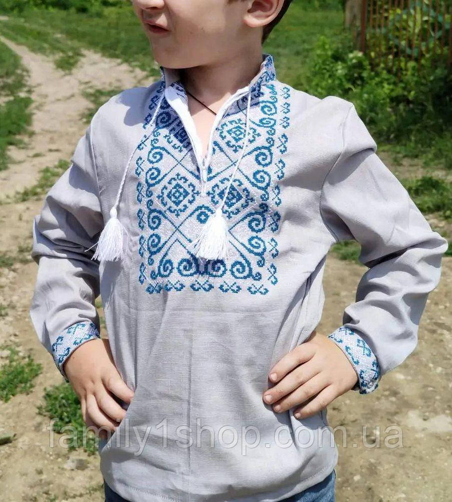 Вишиванка дитяча на хлопчика, лляна вишиванка сірого кольору на хлопчика на зріст 110-146.