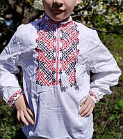 Вишиванка дитяча на хлопчика, лляна вишиванка білого кольору на хлопчика на зріст 110-146.