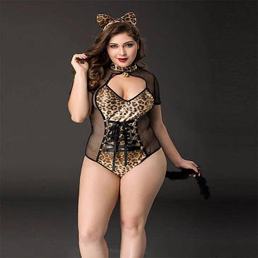 Еротичний костюм кішечки JSY « Імператриця Кітті » Plus Size, Black, боді, шнурівка, хвіст, вушка, фото 1