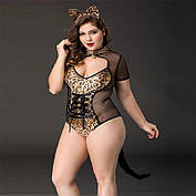 Еротичний костюм кішечки JSY « Імператриця Кітті » Plus Size, Black, боді, шнурівка, хвіст, вушка, фото 5