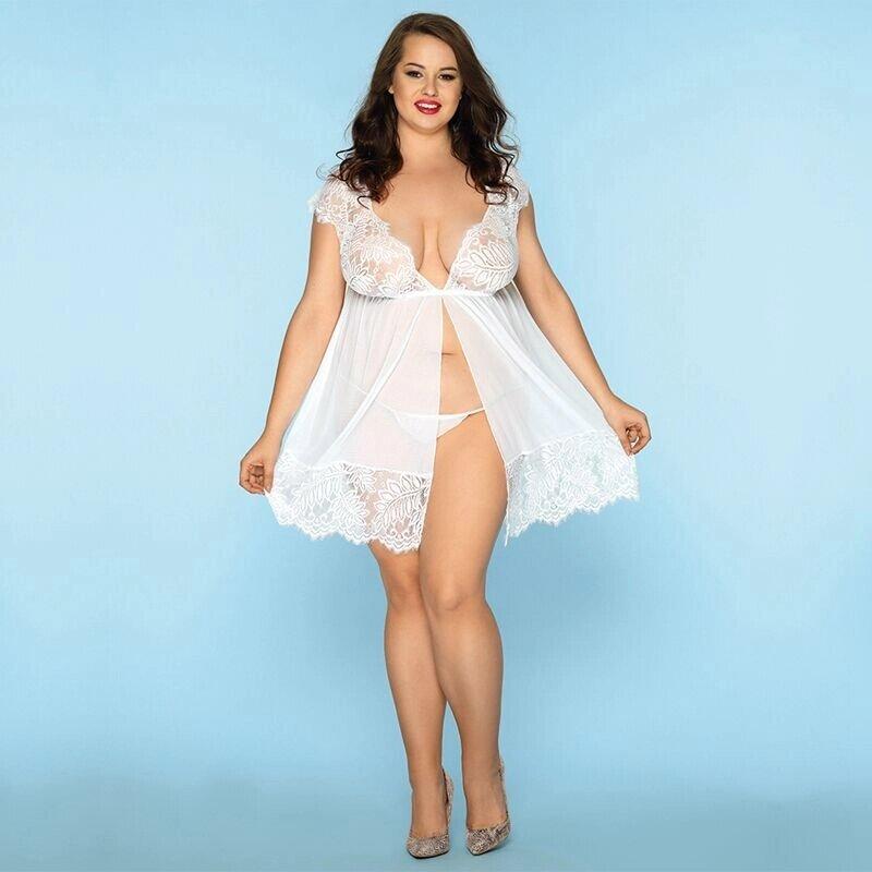 Сексуальний пеньюар JSY « Чуттєва Люсі » Plus Size, White, мереживо, дрібна сітка, стрінги