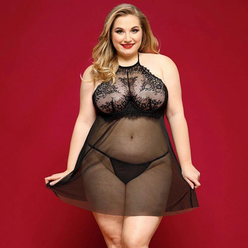 Сорочка бебі-дол JSY « Страсна Ліліт » Plus Size, Black, халтер, дрібна сітка, мереживо, стрінги