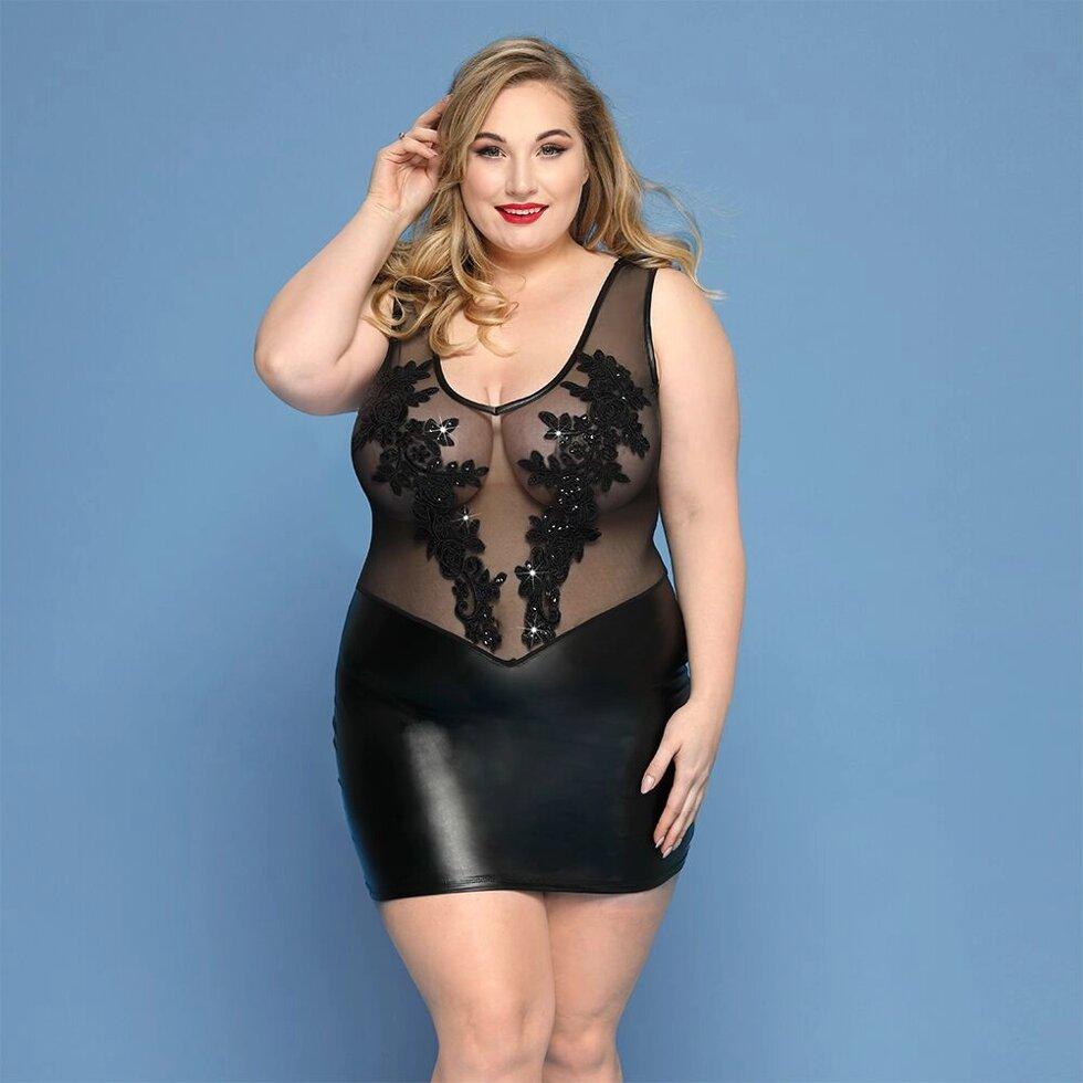 Елегантне плаття JSY « Леді Софія » Plus Size, black, дрібна сітка, вишивка, екокожа