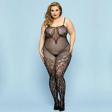 Відвертий бодістокінг JSY « Фатальна Скарлет » Plus Size, Black, імітація боді, мереживо, доступ, фото 1