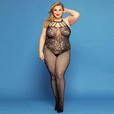 Сітчастий бодістокінг JSY « Відверта Мадлен » Plus Size, Black, імітація боді, мереживо, доступ, фото 1