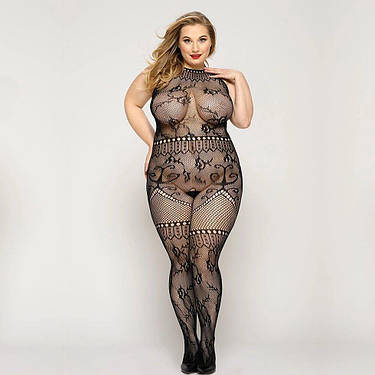 Мереживний бодистокінг JSY « Гаряча Хейлі » Plus Size, Black, халтер, імітація панчіх, відкритий доступ, фото 1
