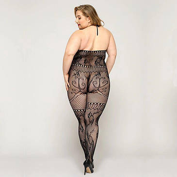 Мереживний бодистокінг JSY « Гаряча Хейлі » Plus Size, Black, халтер, імітація панчіх, відкритий доступ, фото 3