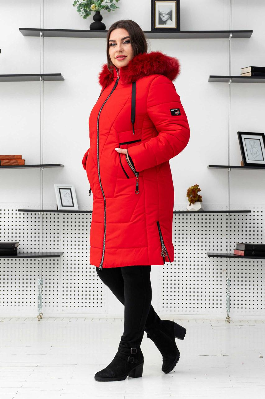 Червона зимова тепла жіноча куртка на тінсулейті великі розміри., фото 1