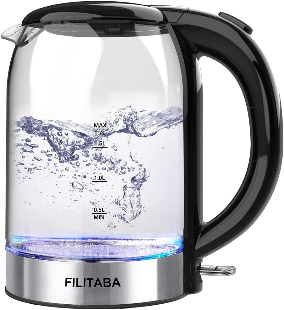 Електричний чайник, скляний чайник для гарячої води об'ємом 1,7 л з синім світлодіодним індикатором, безбарвний бездротовий, фото 1