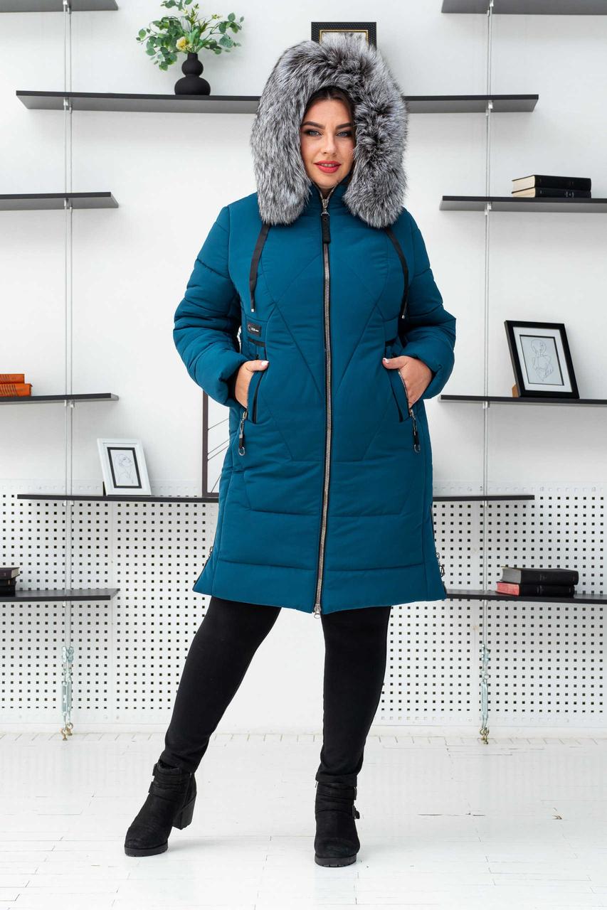Жіноча тепла зимова куртка великих розмірів з хутром чорнобурки., фото 1