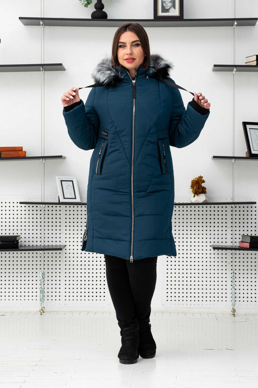 Жіноча зимова тепла куртка на штучному пуху, великі розміри., фото 1