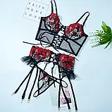 Чорна жіноча білизна з червоною квітковою вишивкою, фото 2