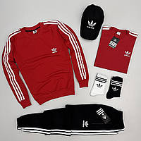 Спортивный костюм мужской Adidas | Свитшот + Штаны + Футболка + Кепка | осенний весенний красный