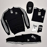 Спортивный костюм мужской Adidas | Свитшот + Штаны + Футболка + Кепка | осенний весенний черный