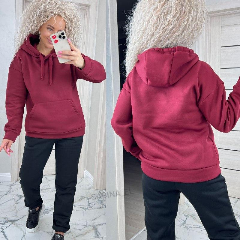 Жіночий базовий теплий костюм/комплект худі+джогери трьохнитка на флісі (Розміри 42,44,46,48,50,52), Бордовий