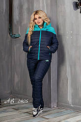 Теплий жіночий лижний зимовий костюм куртка на овчині та штани на синтепоні темно-синій з м'ятою 48 50 52 54