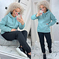 Жіночий базовий теплий костюм/комплект худі+джогери трьохнитка на флісі (Розміри 42,44,46,48,50,52), М'ятний