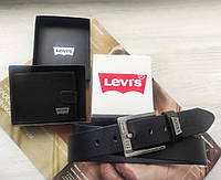 Мужской подарочный кожаный набор Levis ремень и кошелек черный