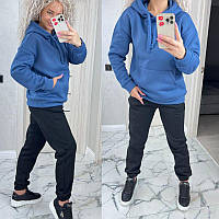 Жіночий базовий теплий костюм/комплект худі+джогери трьохнитка на флісі (Розміри 42,44,46,48,50,52), Синій